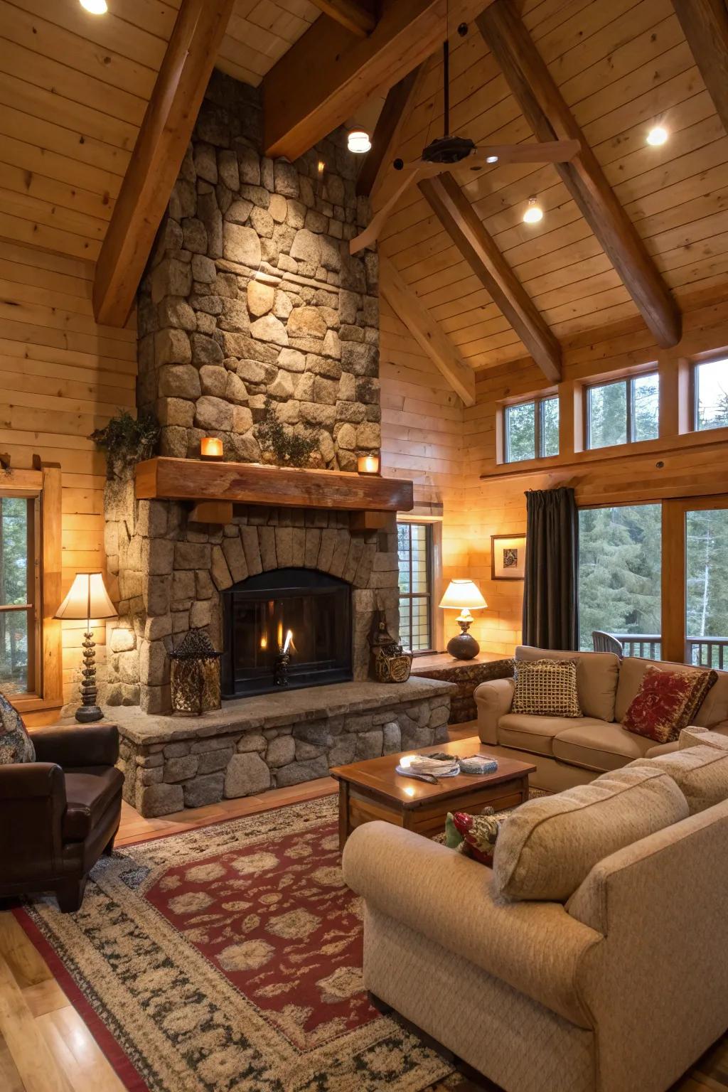 An impressive rock fireplace acts as the centerpiece of this welcoming cabin living room.