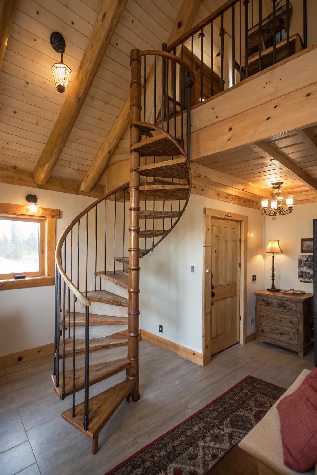 A spiral staircase enhances both the style and functionality of a small cabin interior.