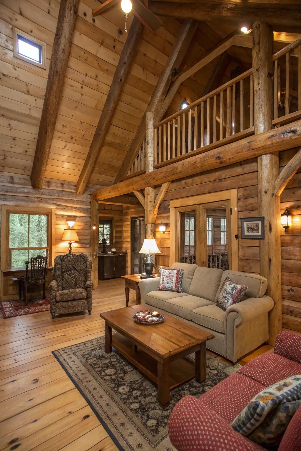 The use of authentic wooden elements imparts a warm, rustic ambiance to this cabin.