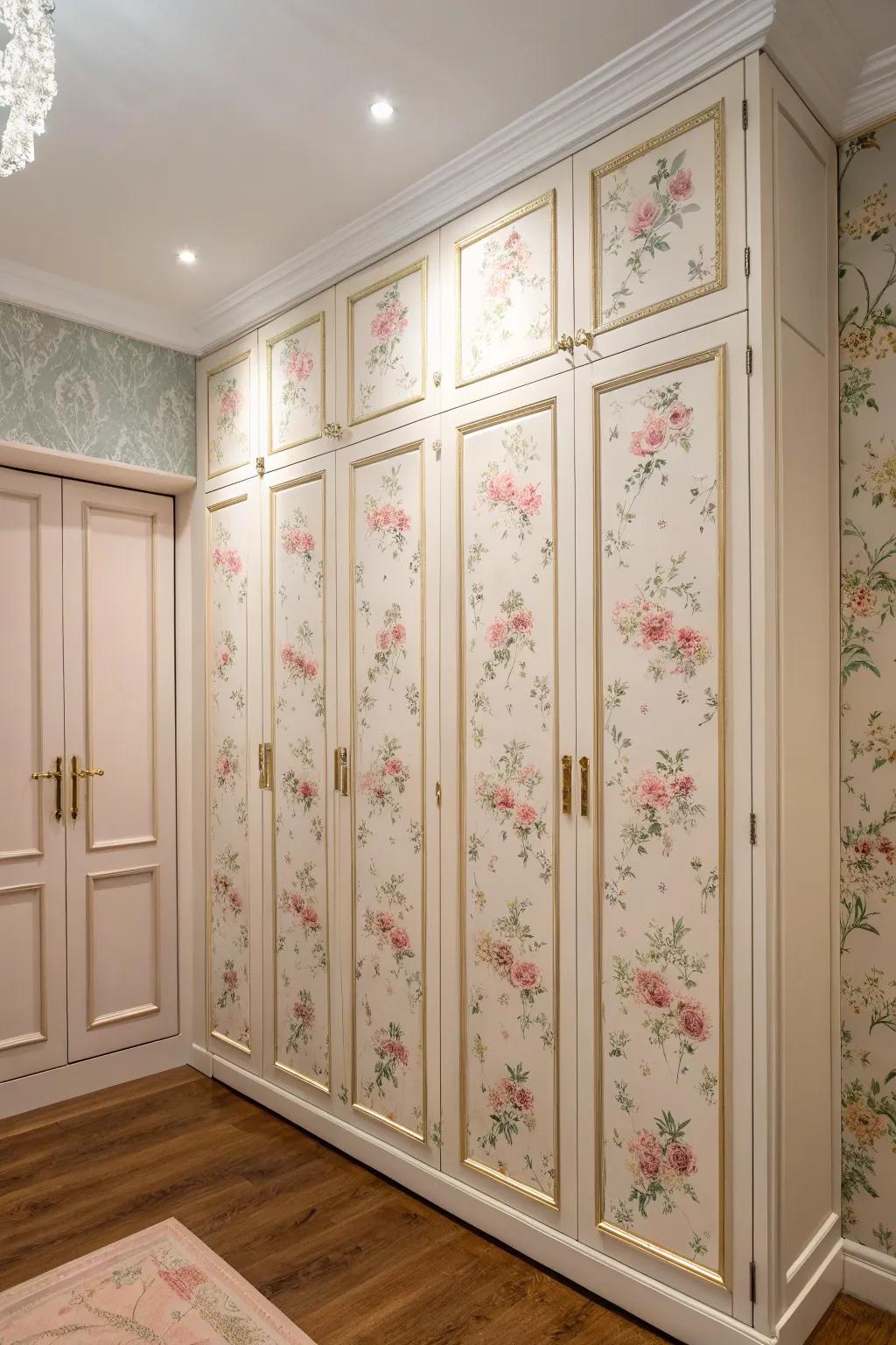 Floral wallpaper brings charm to these cabinet doors.