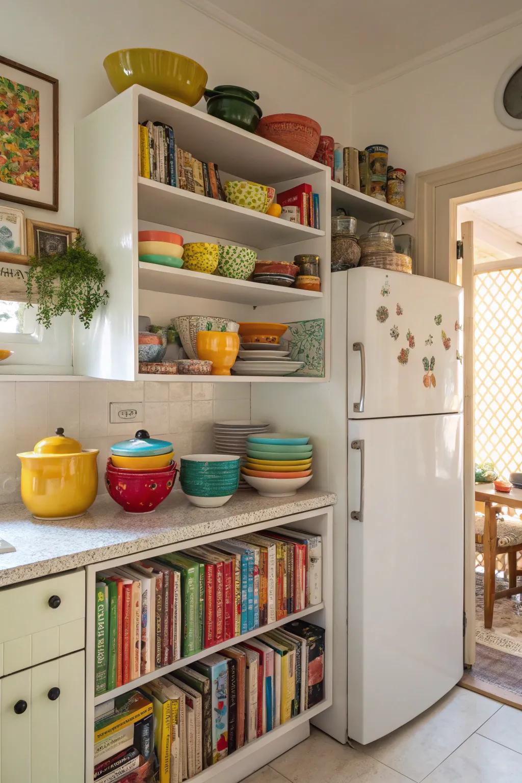 Open shelves provide space for practical storage as well as lovely displays.