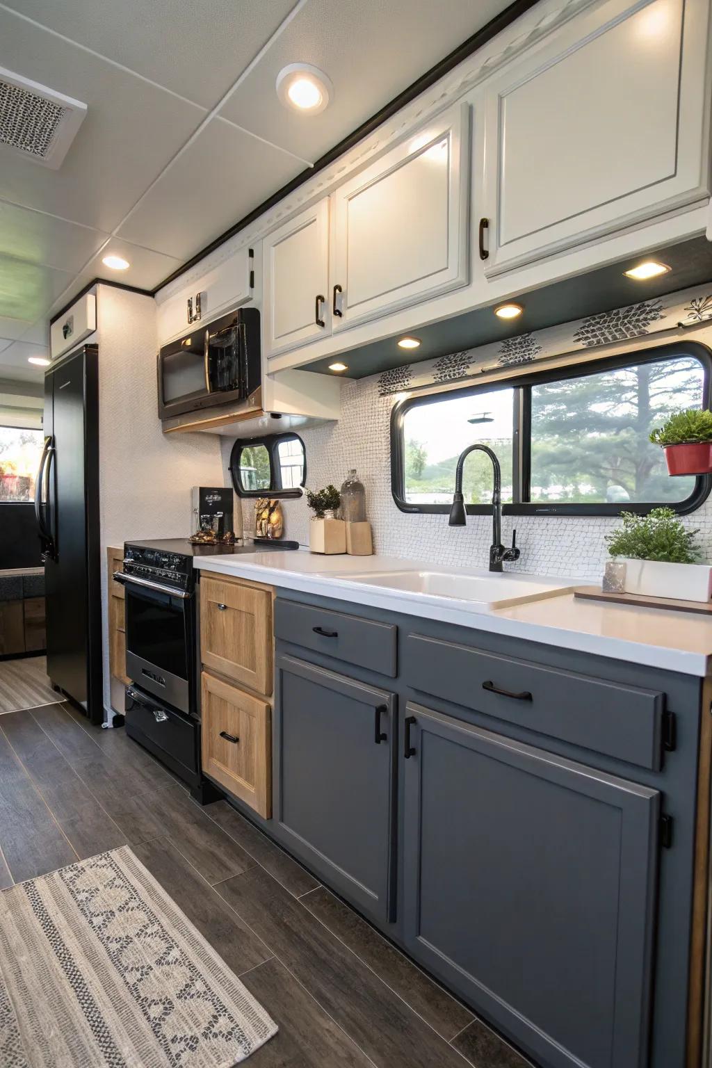 Dual-tone cabinets bring a contemporary flair to your RV.