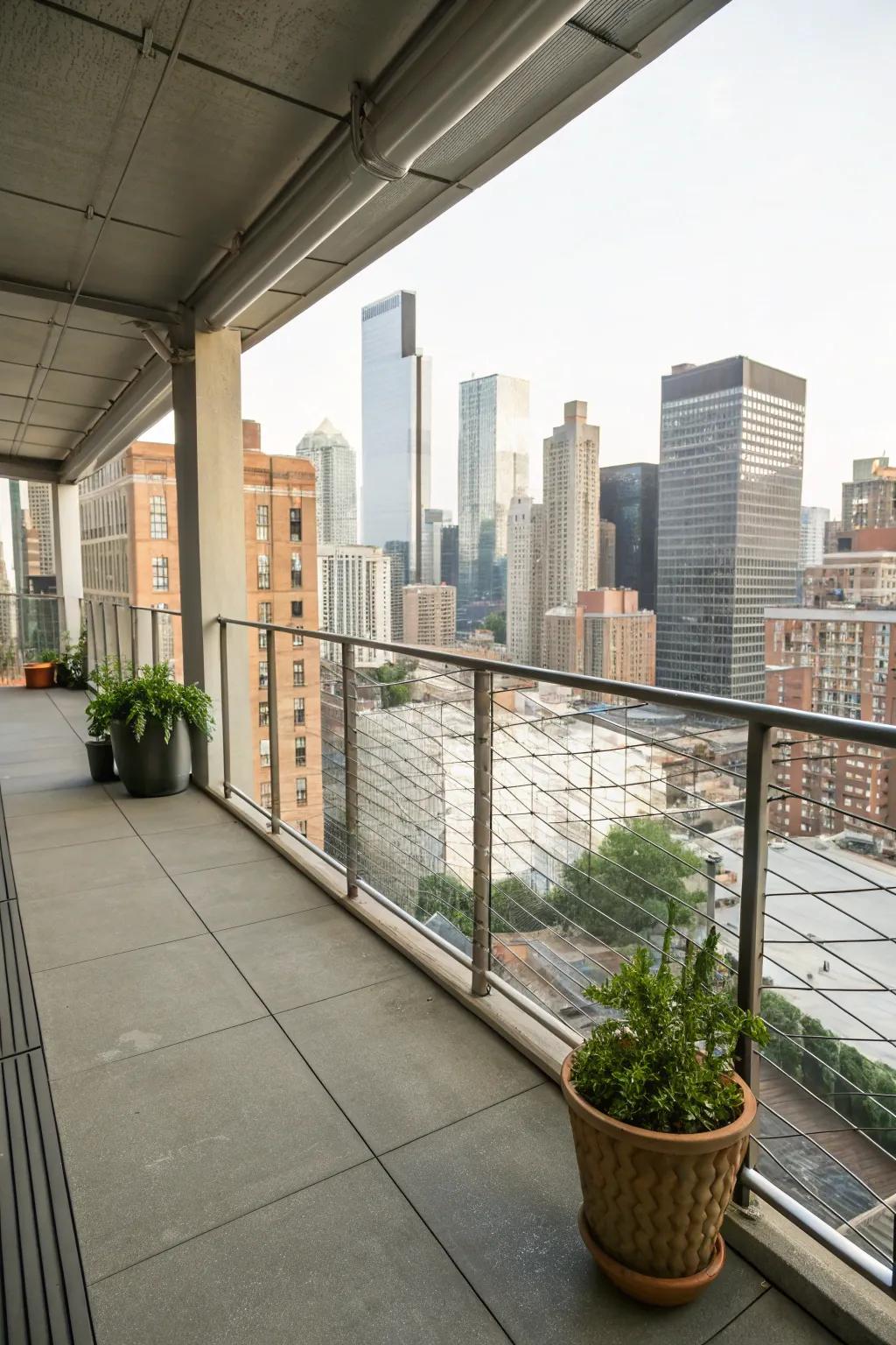 Chic city balcony featuring wire rope