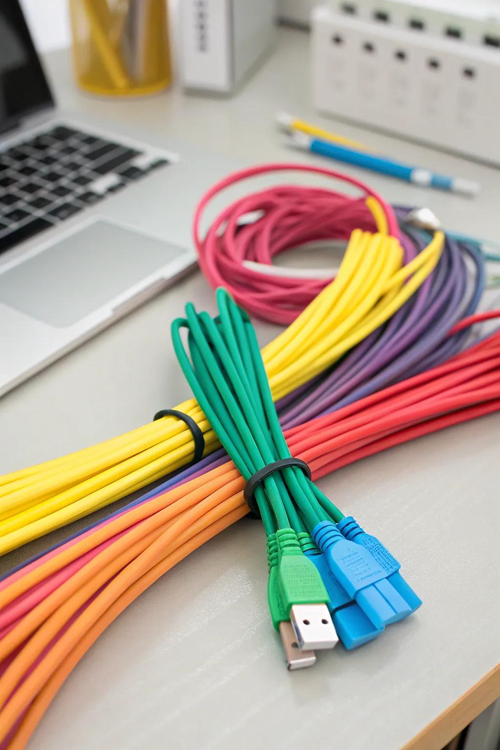 Vibrant cable fasteners neatly bundling cables.