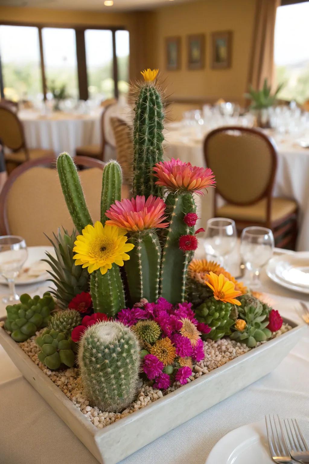 Succulents and blossoms align to forge a striking table centerpiece.