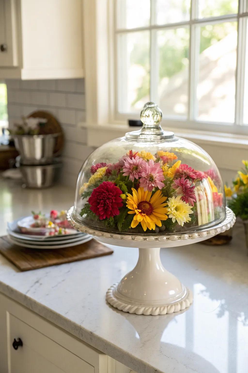 Invigorate your area with a floral display showcased under glass.