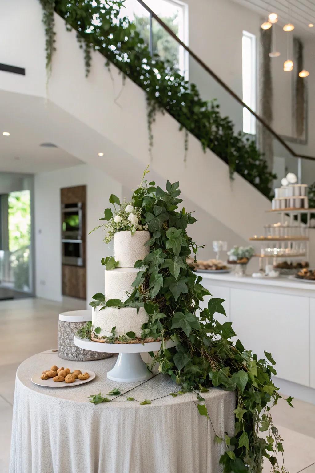 A cake table with cascading ivy and foliage, creating a fresh and natural ambiance.