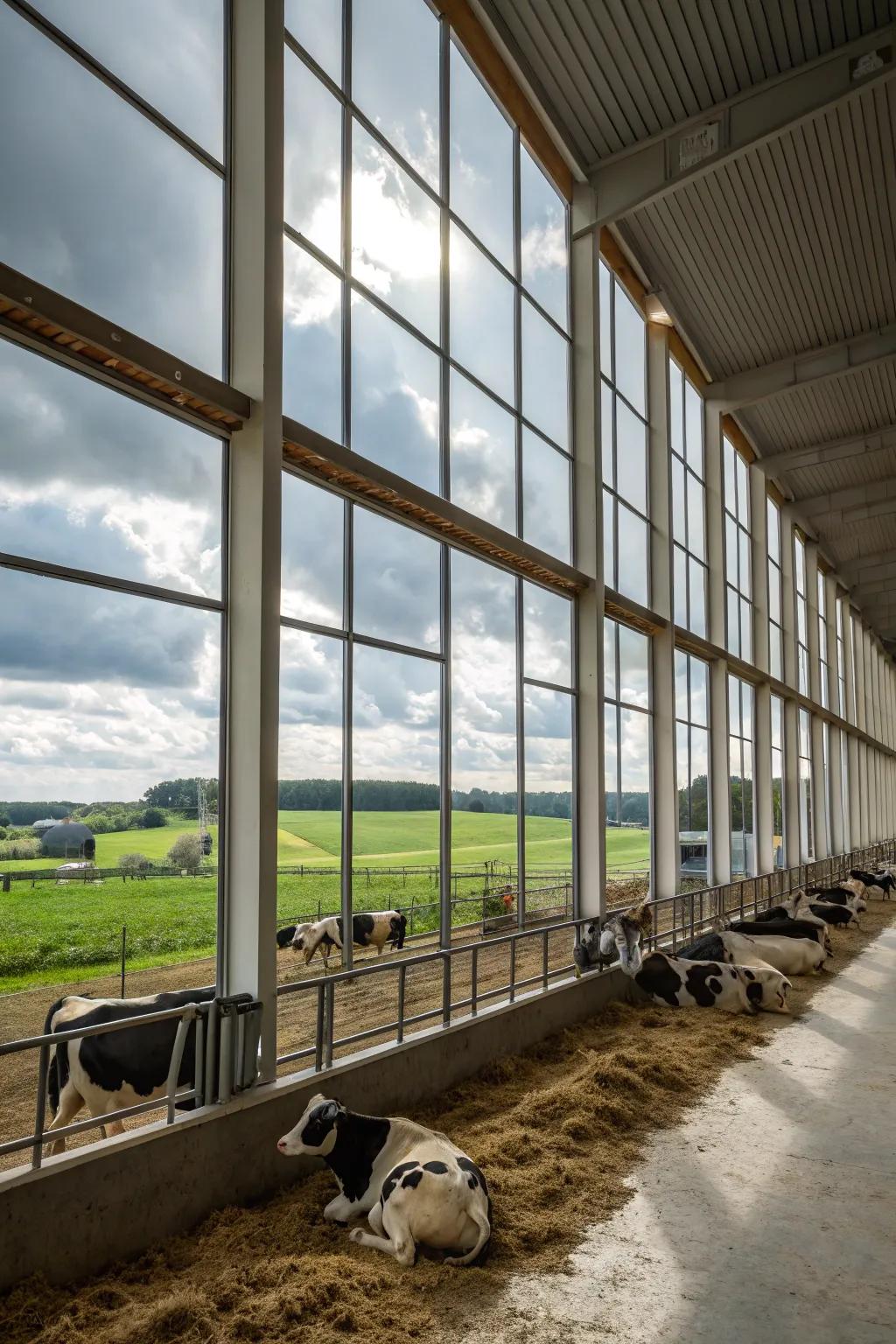 Sunlight coming into a calf barn, which results in a cozy and attractive setting.