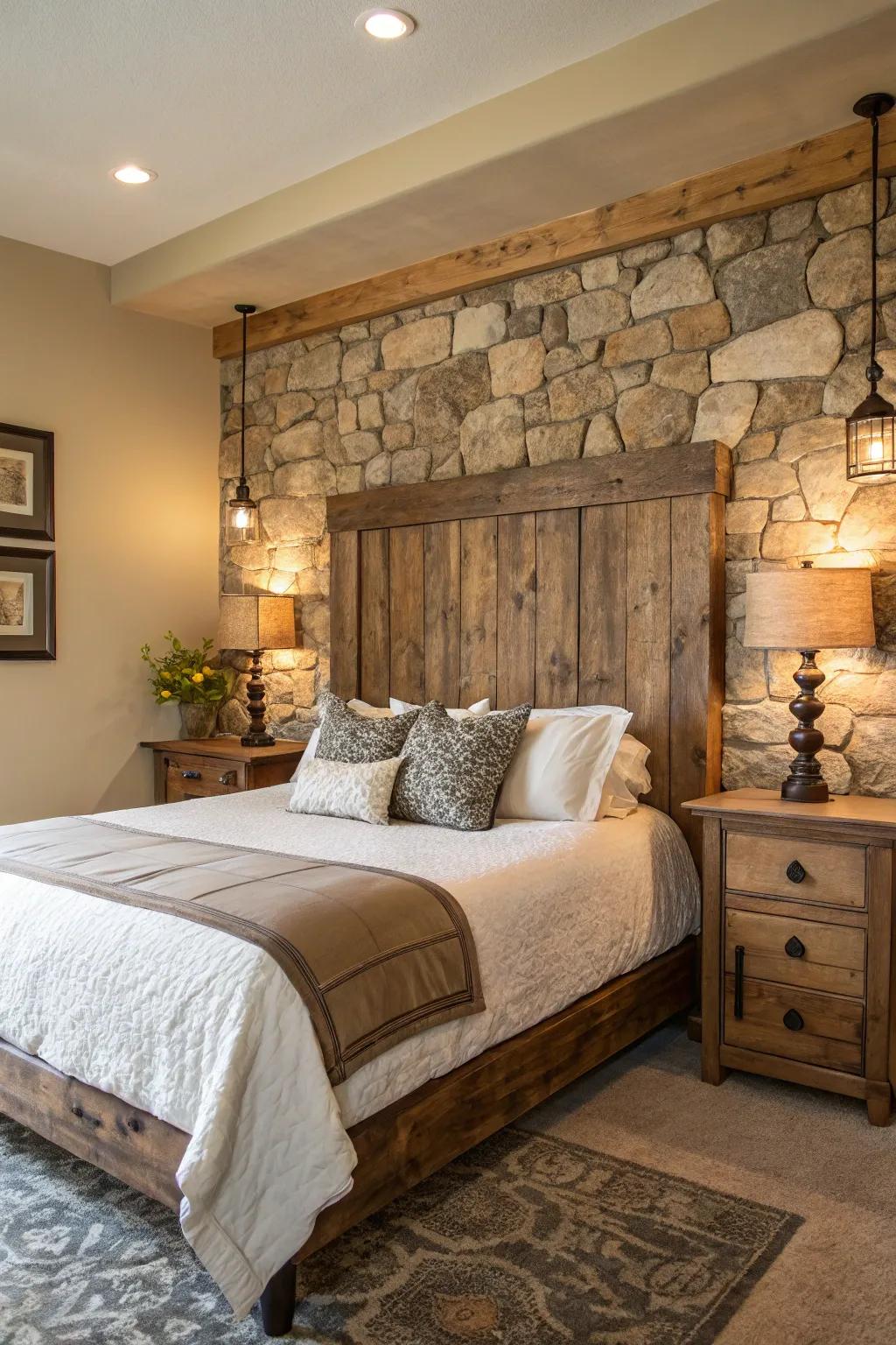 A bedroom highlighting an upcycled timber headboard and natural stone elements for additional warmth and texture.