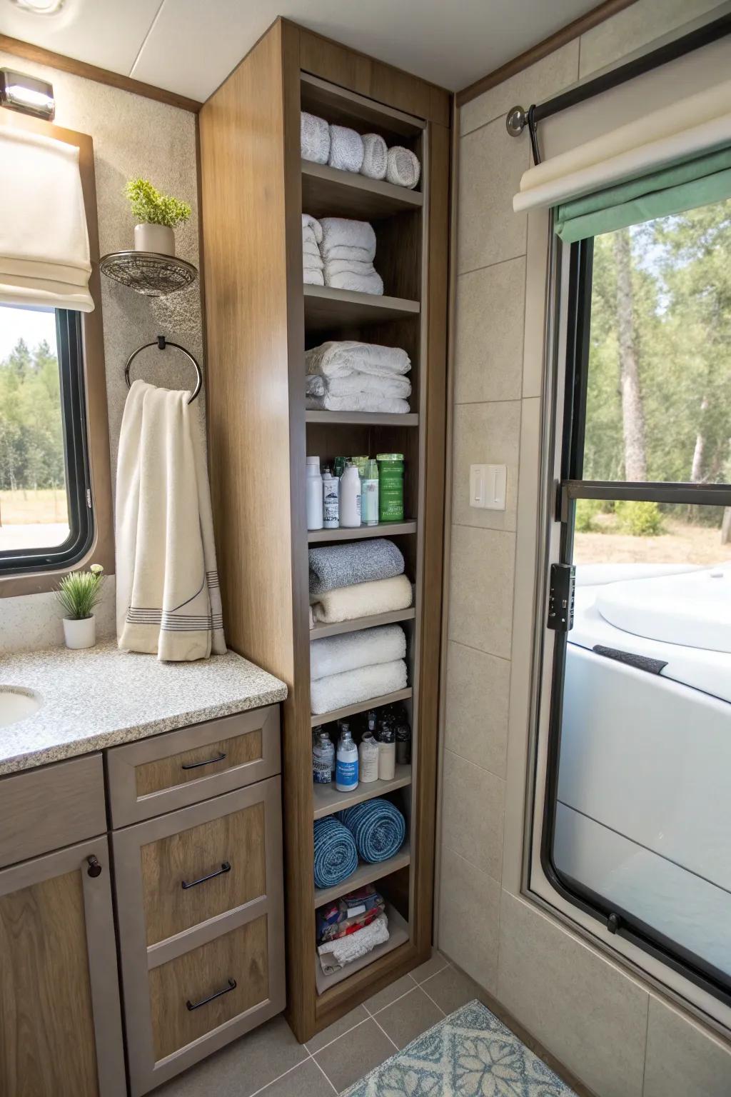 Tall, slender cabinet using vertical space effectively in a camper.