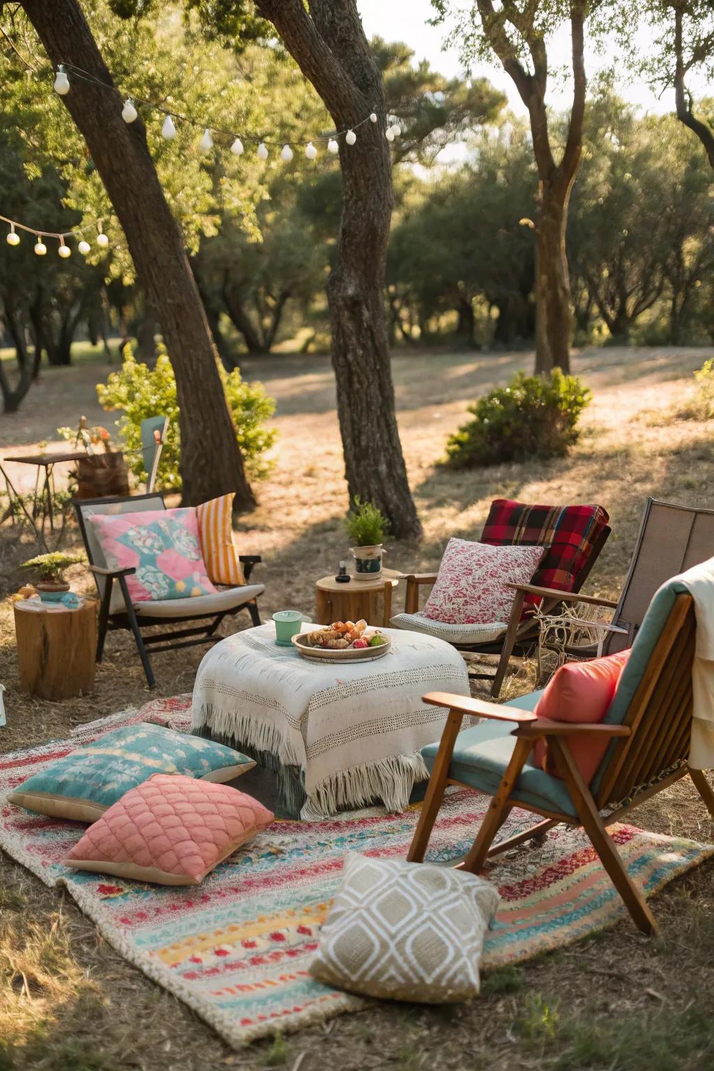 Create an inviting outdoor seating area with pillows and throws.
