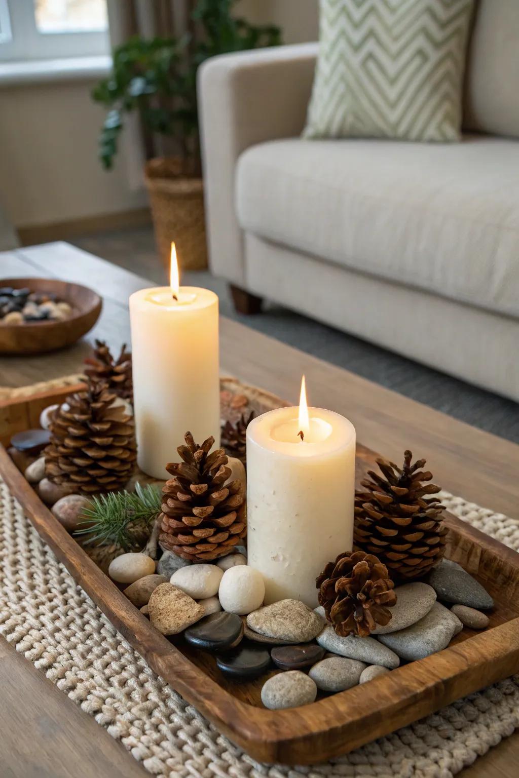 A rustic tray display brings nature indoors.