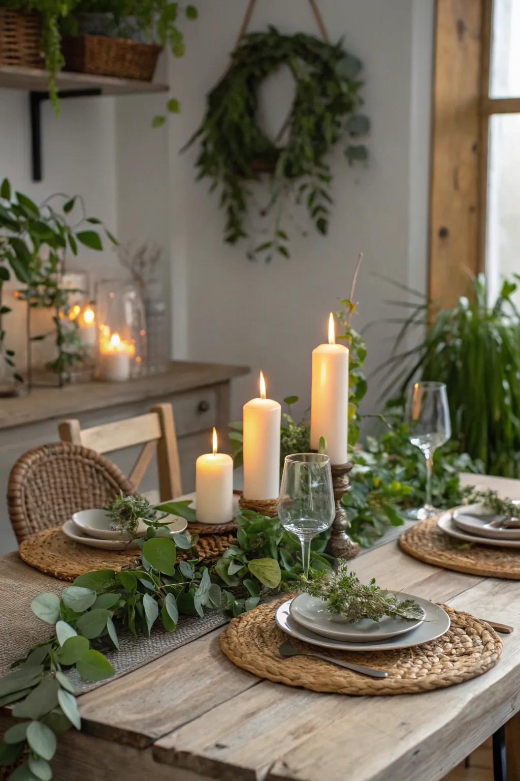 Foliage combined with lights provides a natural, welcoming centerpiece.
