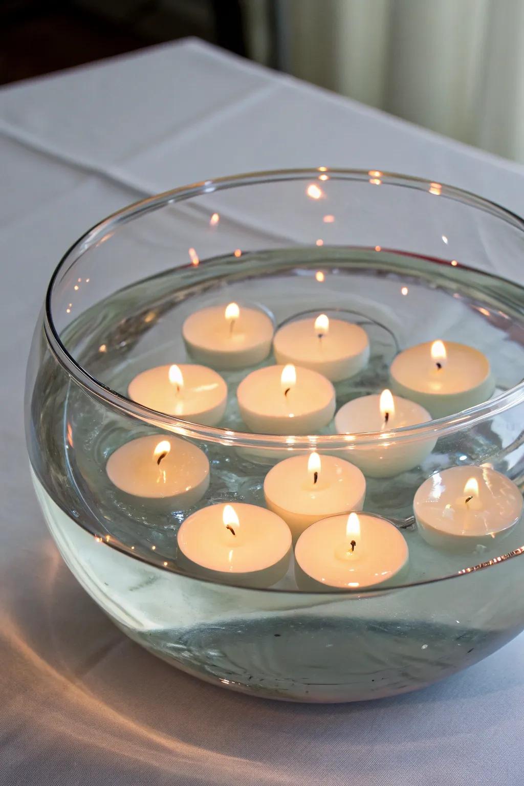 Tiny drifting wax lights showcased in a clear glass bowl filled with colored water.