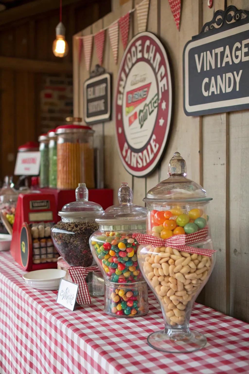 Journey back in time with this delightful retro candy bar showcasing vintage sweets.