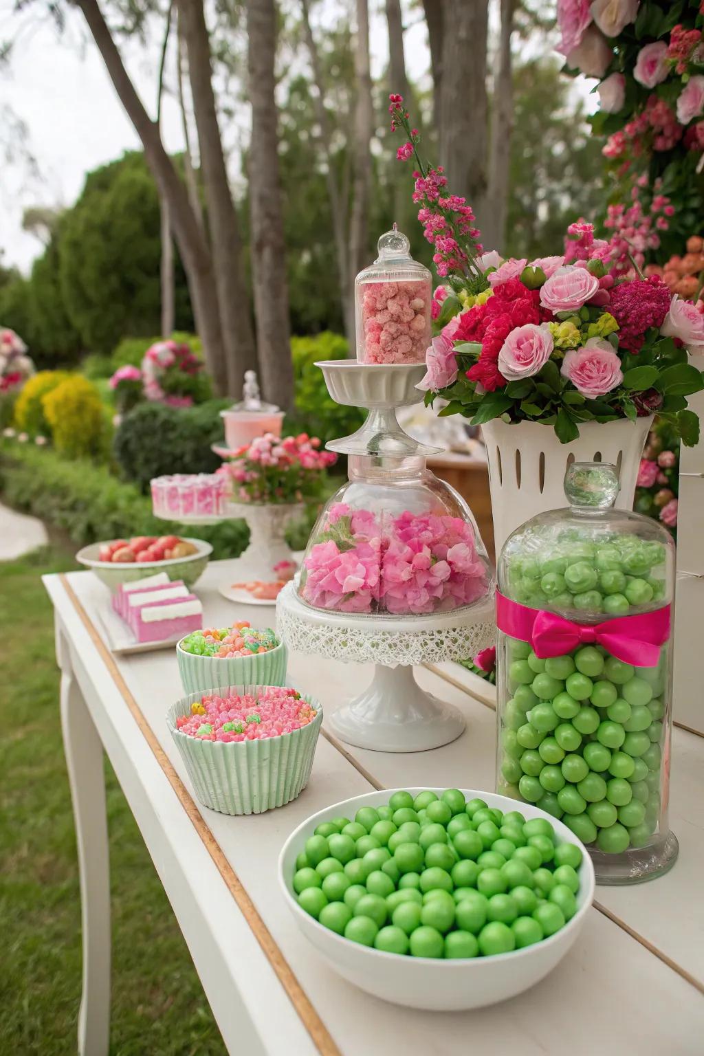 A garden-themed sweet table exuding charm and sweetness