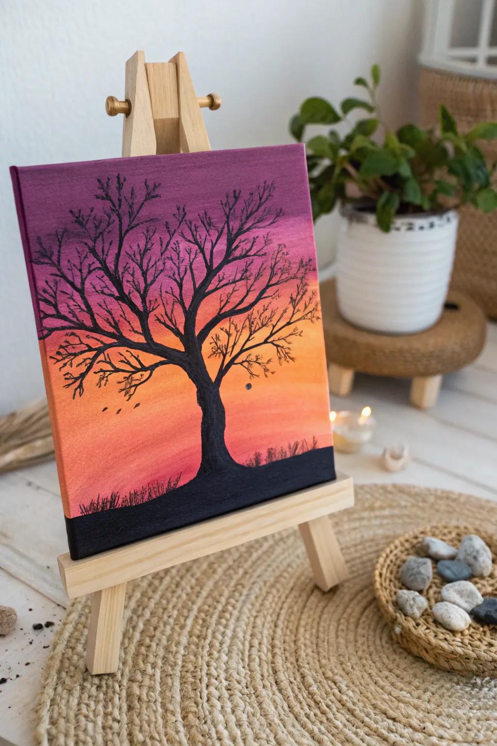 Embrace the charm of simplicity with a striking silhouette set against a vibrant sunset canvas. Great for introducing a hint of drama and natural charm to your area.