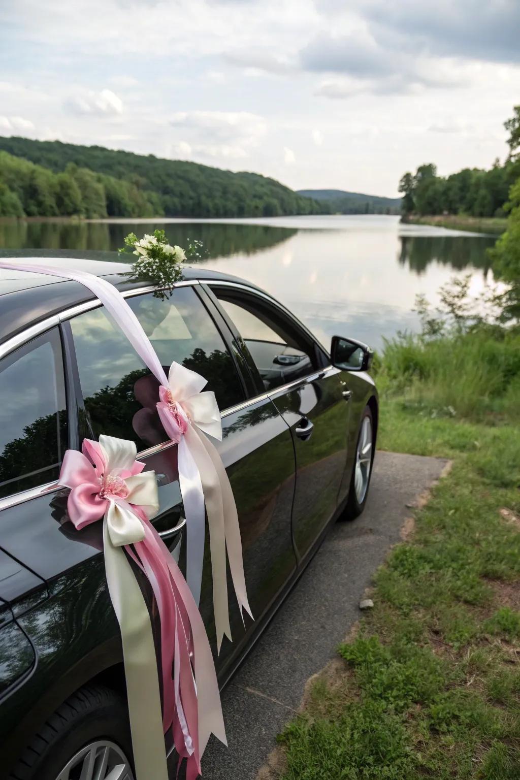 Silken ribbons add a dash of sophistication to the wedding car.
