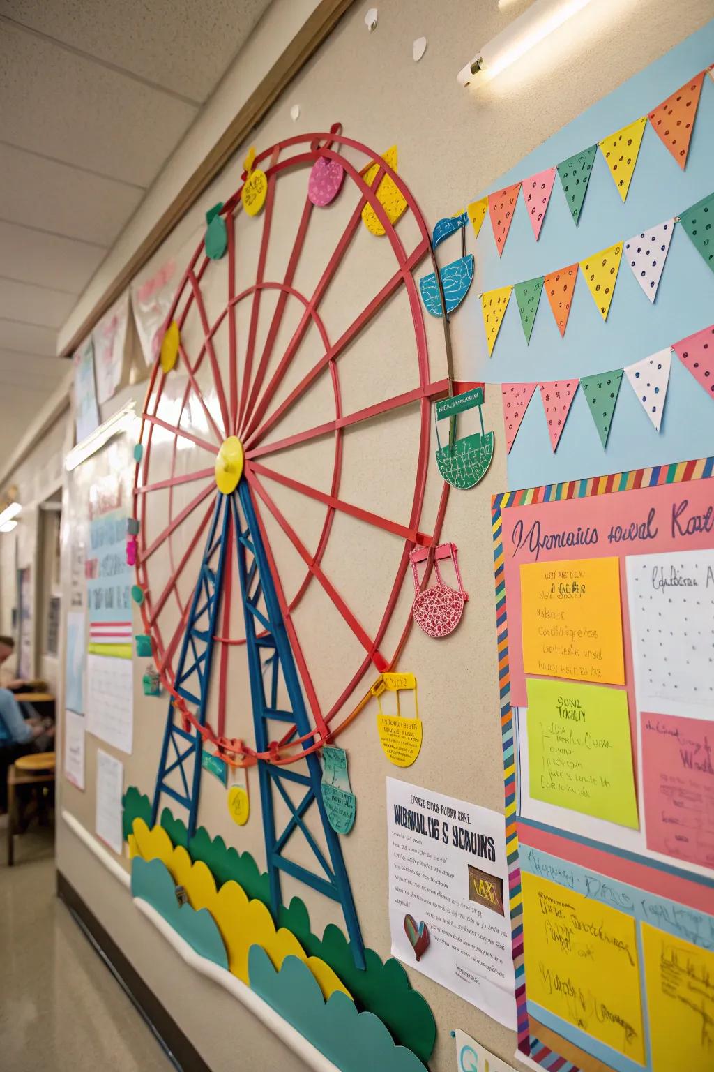 A delightful observation wheel lends a whimsical accent to this carnival-themed bulletin board.