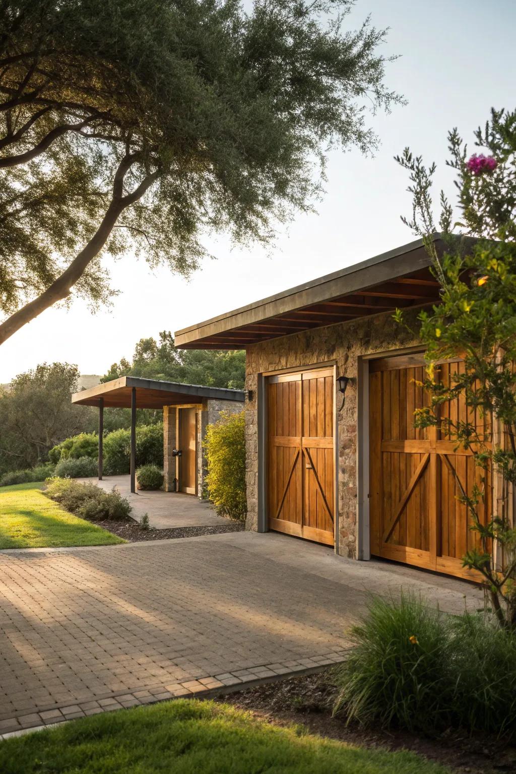 A carport featuring warm wooden entryways, fostering a seamless connection with the surrounding landscape.