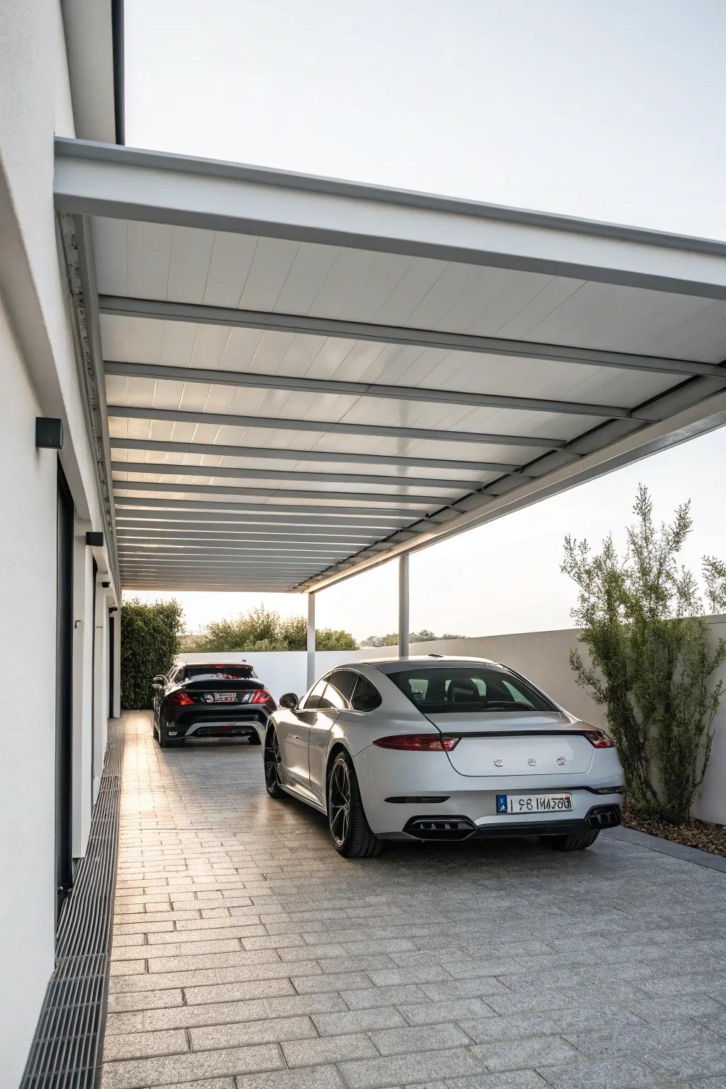 A minimalist carport boasting sleek lines and a fashionable, up-to-date allure.