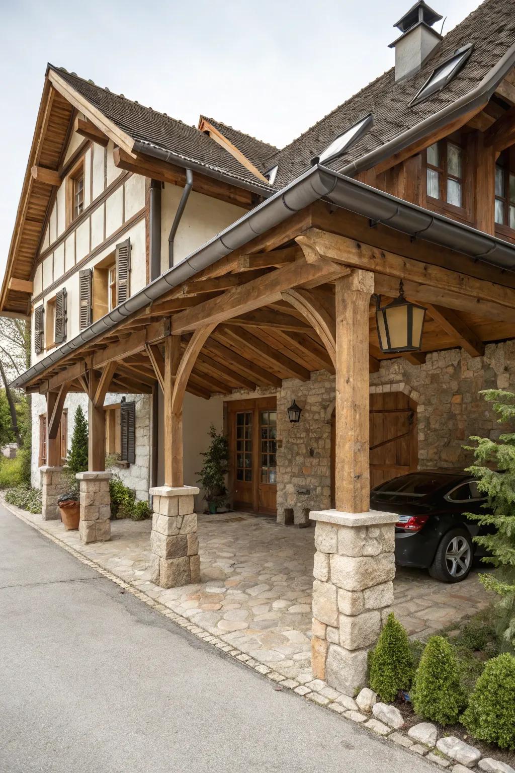 A woodland carport that includes raw wood beams and rock detailing.
