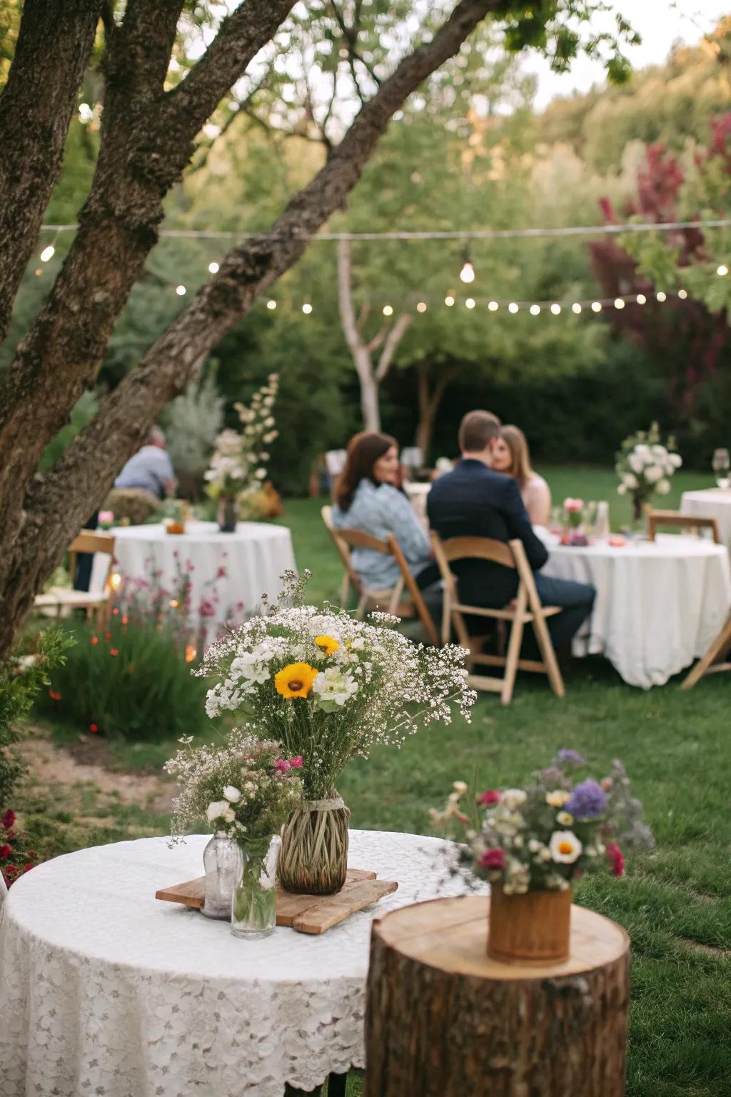 Charming wildflower arrangements give a personal touch to wedding tables.