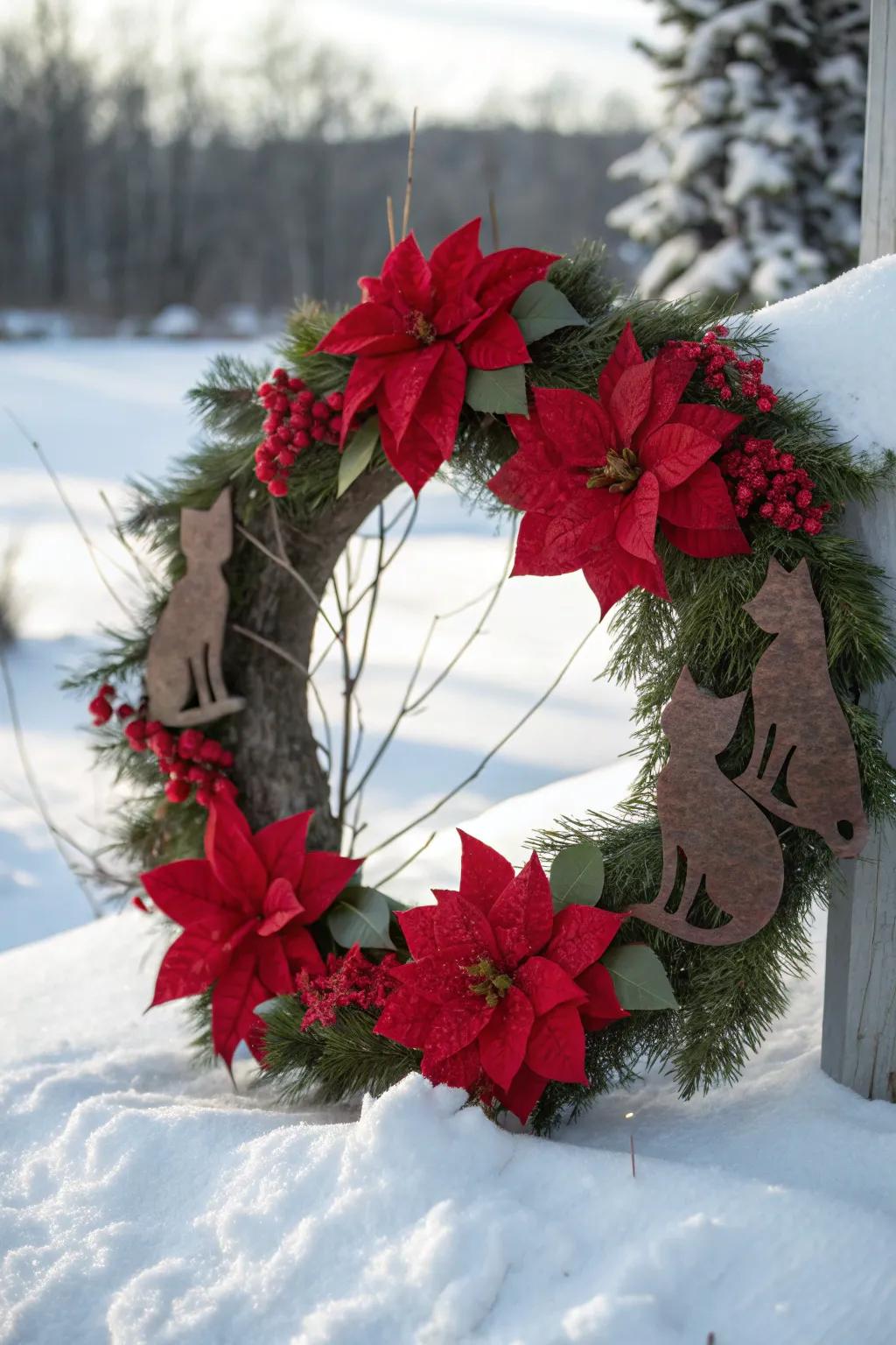 A joyful seasonal wreath featuring charming feline accents.
