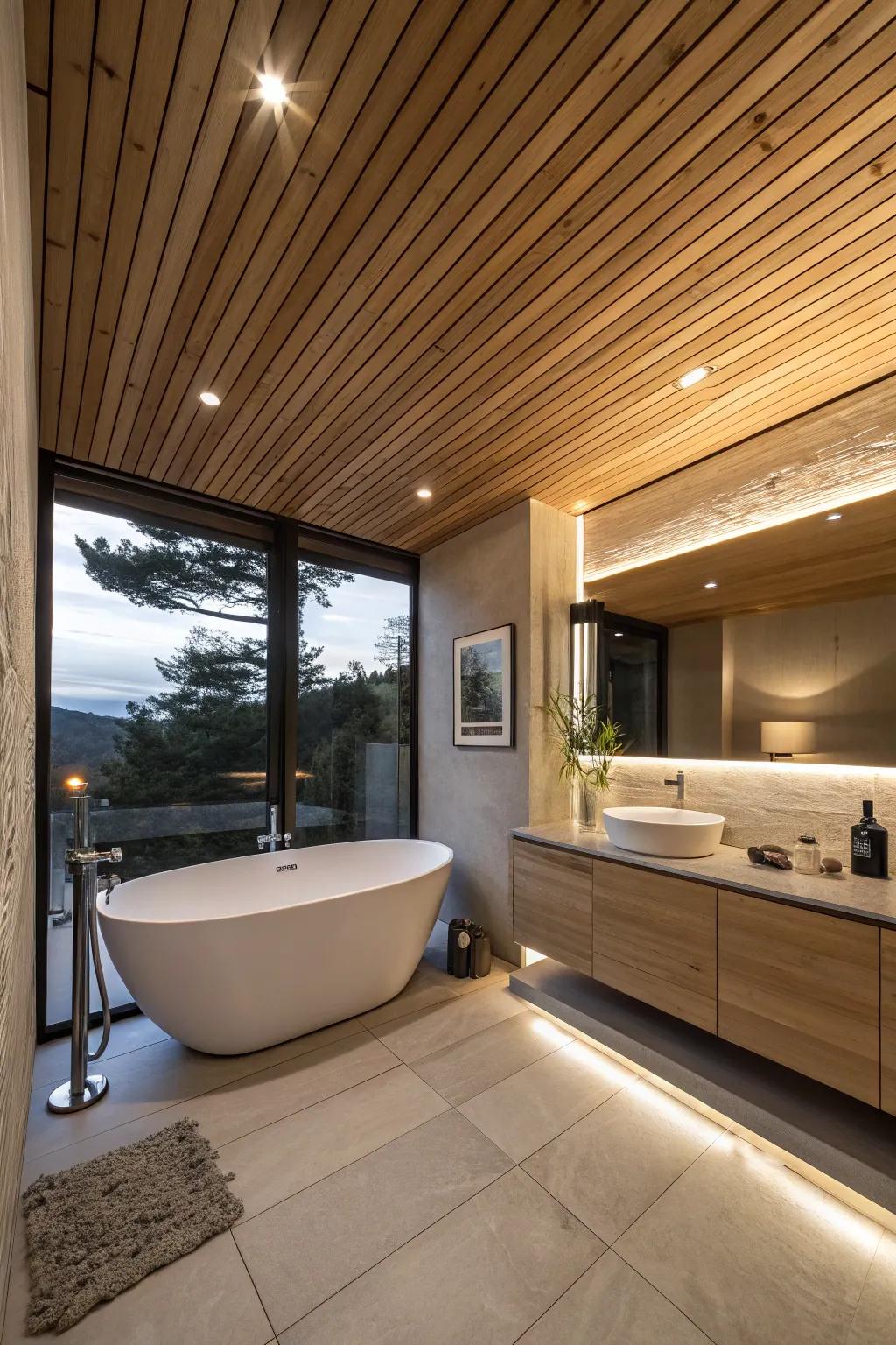A modern bathroom showcasing a wooden plank ceiling for a spa-like atmosphere.