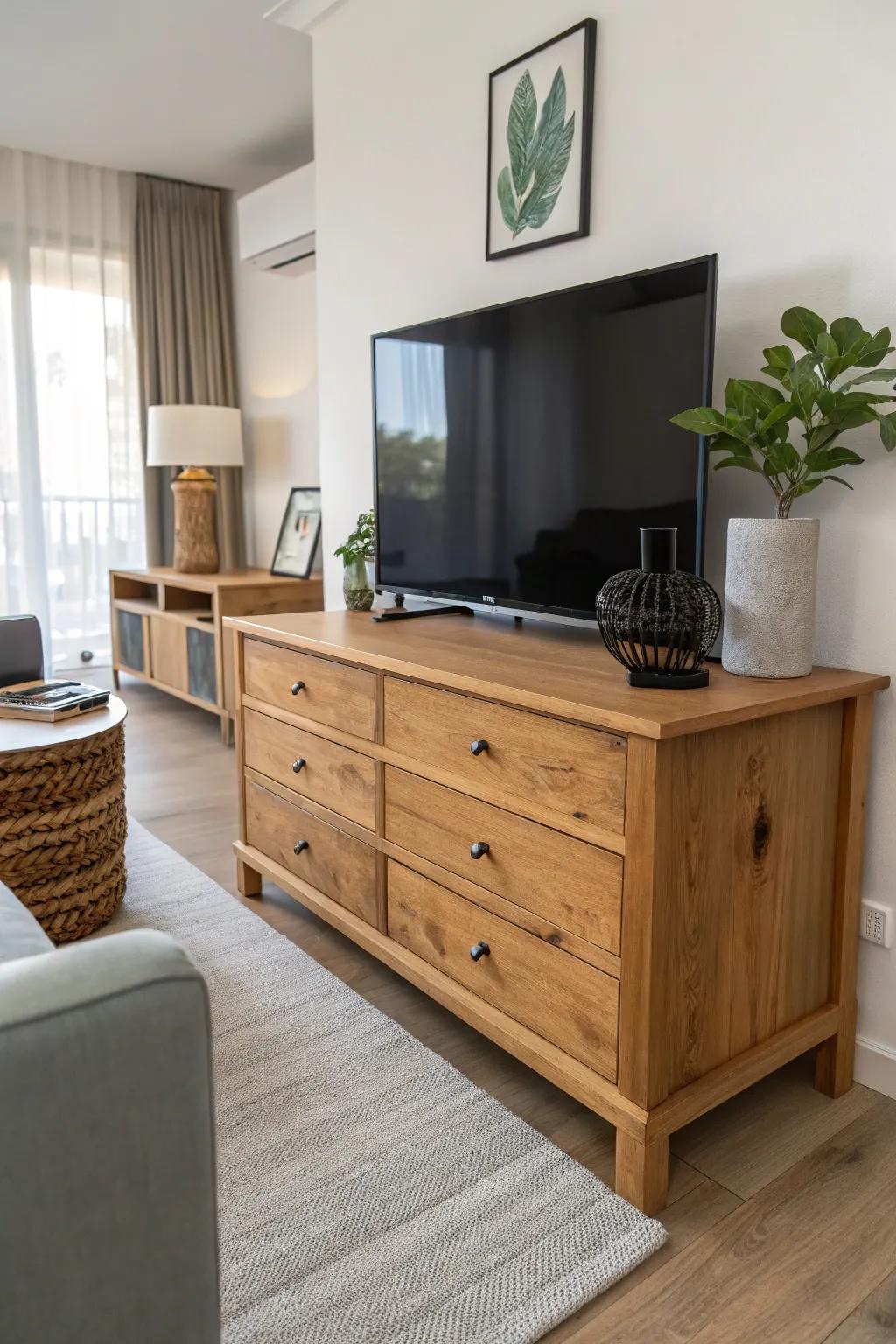 A storage trunk makes for a fashionable and functional entertainment center.