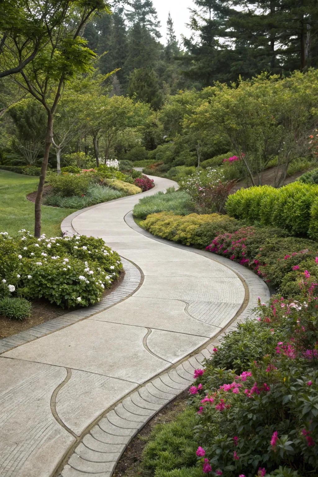 Curved concrete walkway adding a fun element to garden routes.