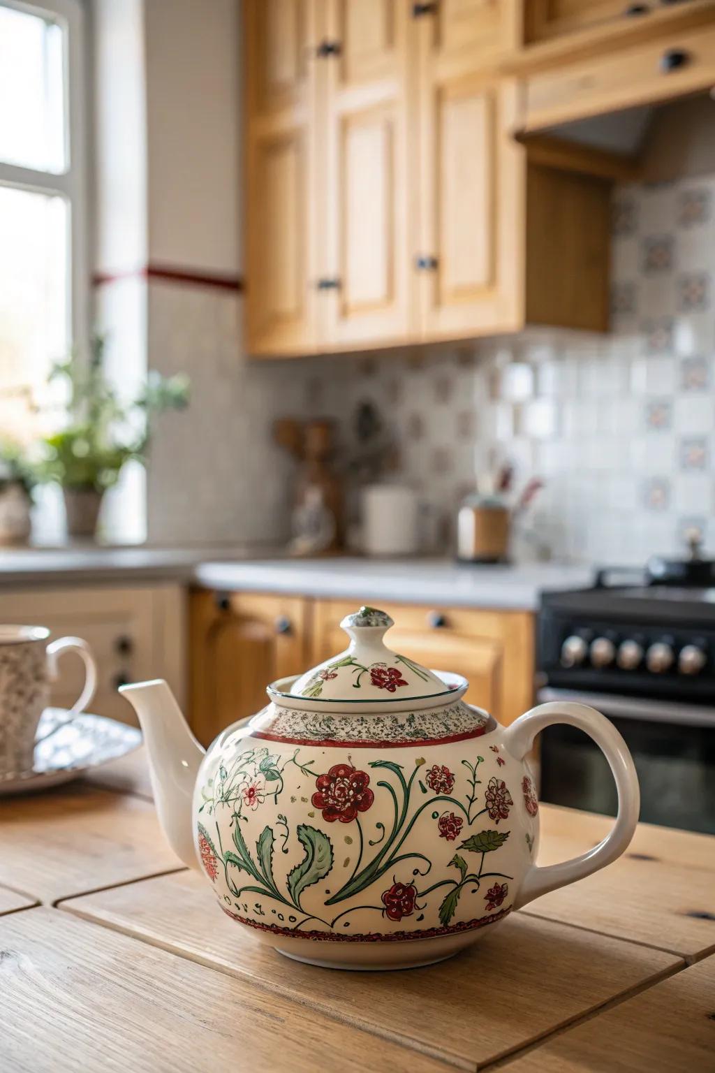 Intricate floral designs transform this ceramic teapot into an ageless masterpiece.