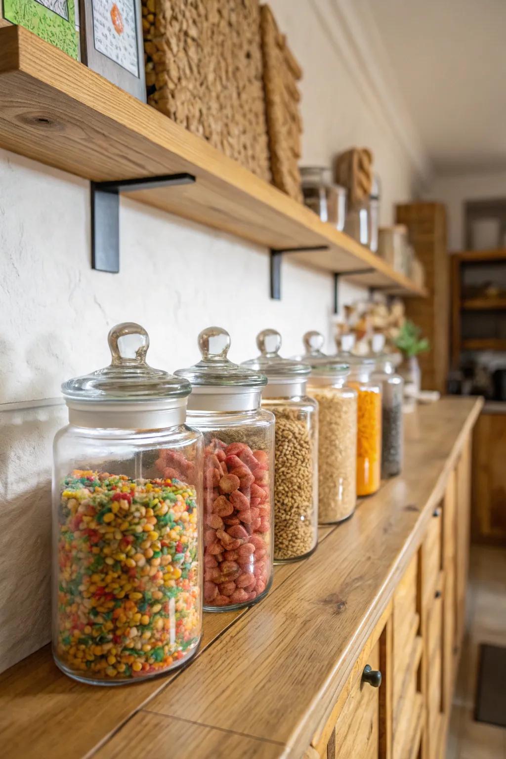 Glass containers add sophistication and allow for easy cereal switching.