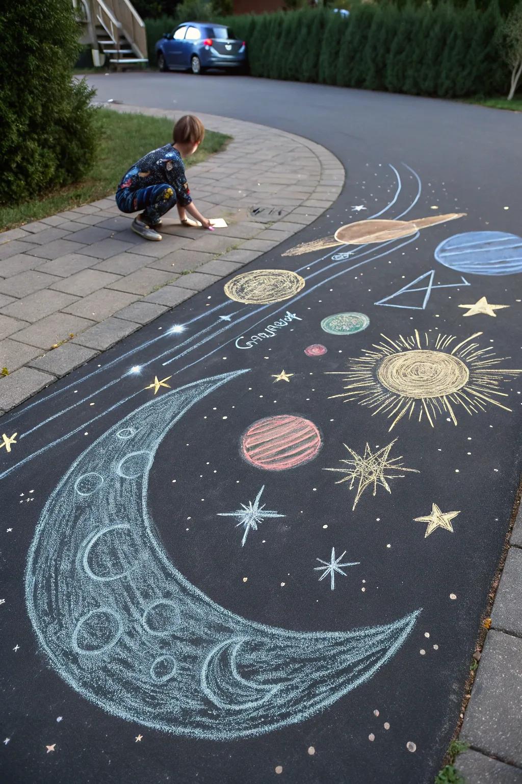A captivating cosmic scene drawn with chalk, highlighting stars and planets.