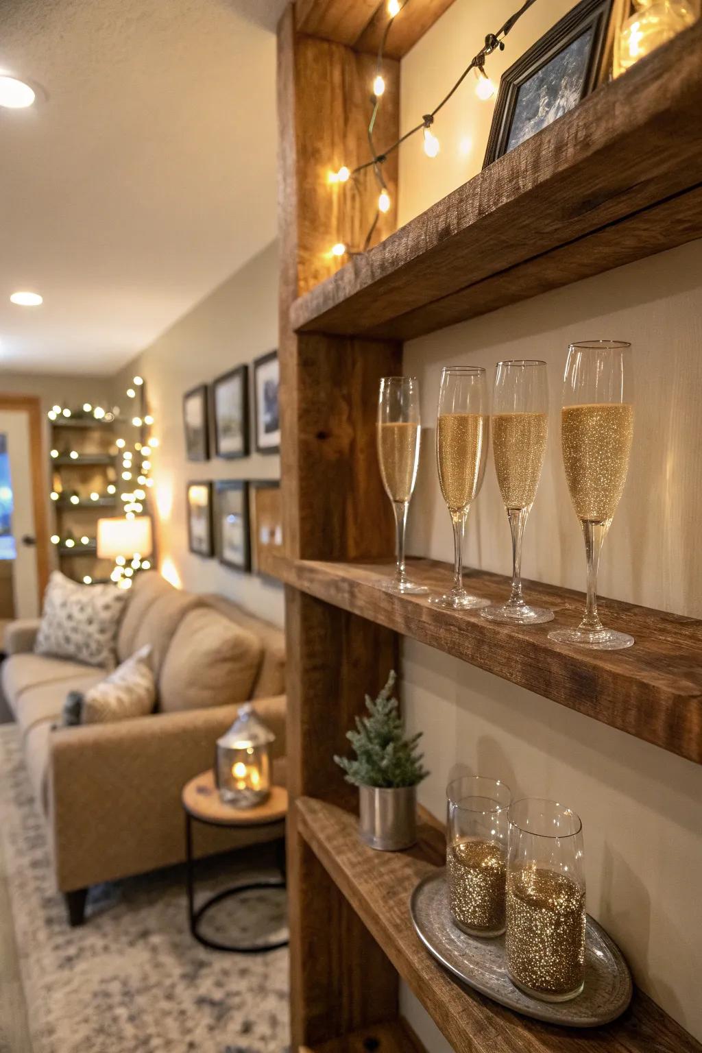 Charming wood ledges infuse warmth into this sparkling wine showcase.