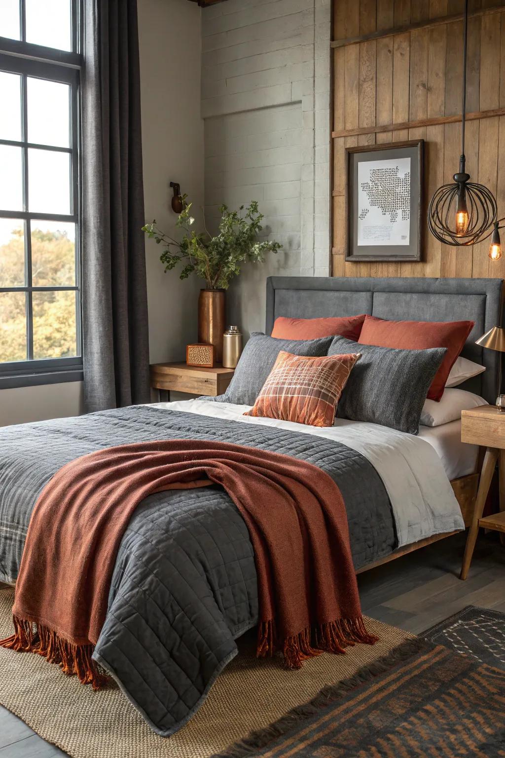 Establish a welcoming vibe with layered fabrics in deep gray shades.