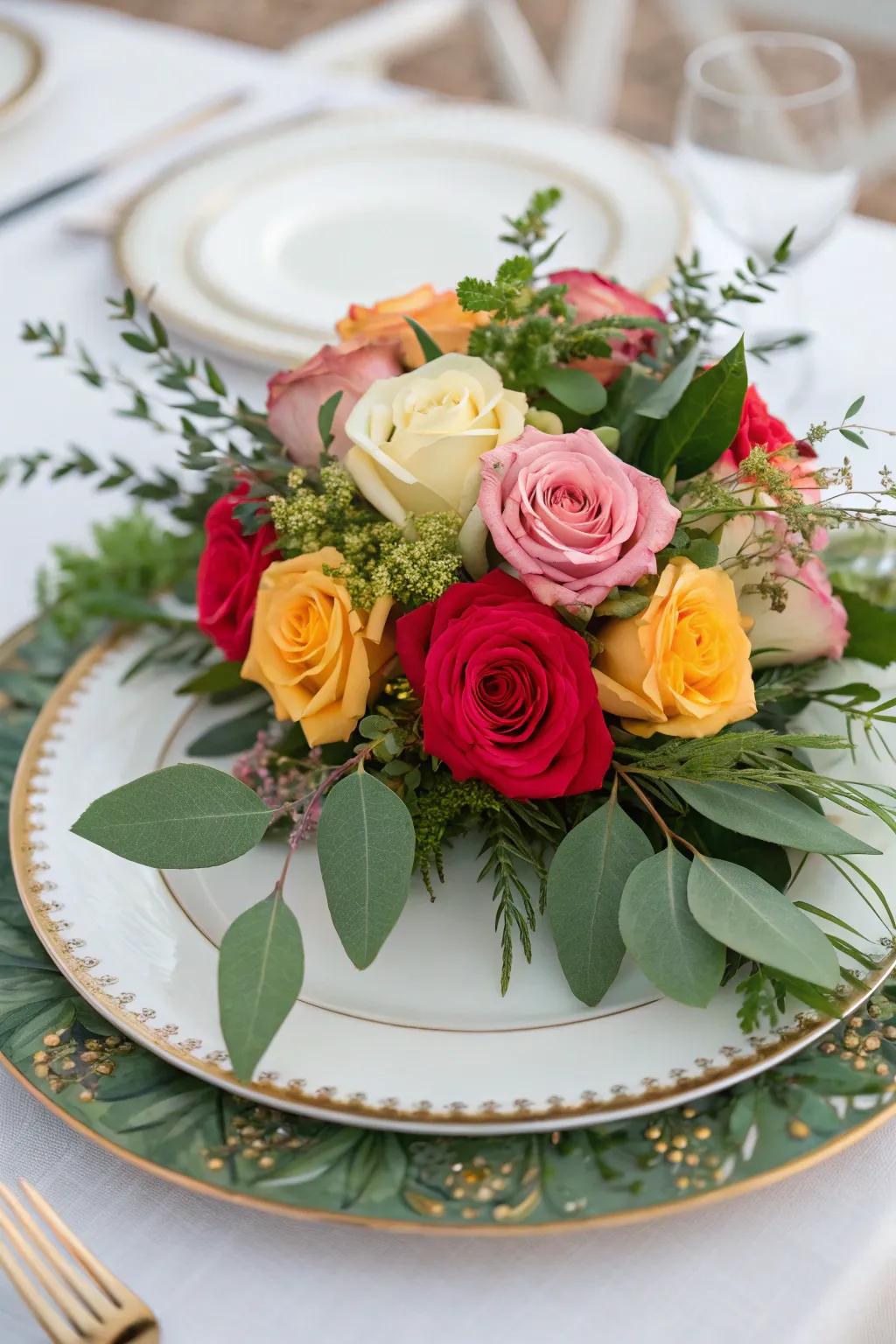 Bring the beauty of nature inside through a botanical centerpiece placed on a decorative plate.