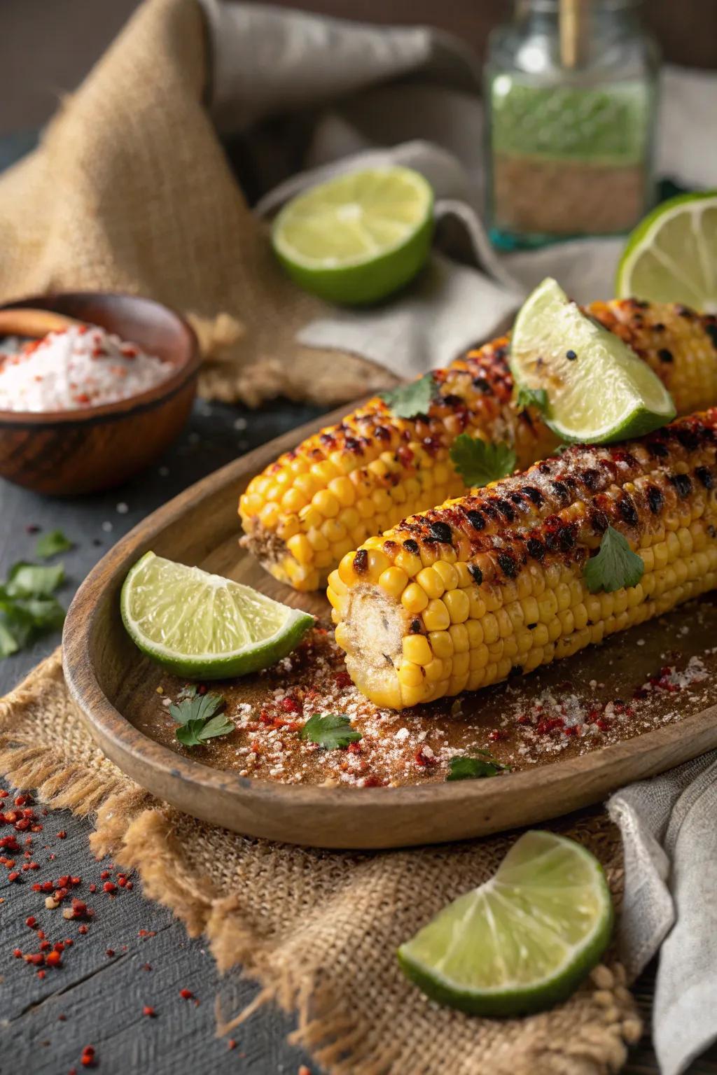 Grilled corn, elevated with lime and chili for an exciting taste.
