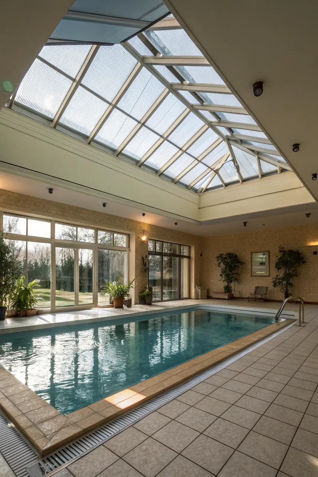 Natural illumination greatly enhances the indoor pool atmosphere.
