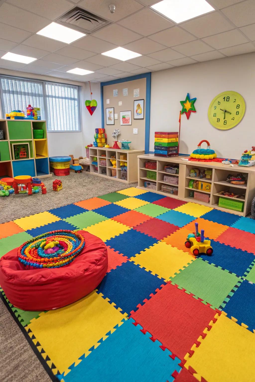 Combine modular carpets for a fun, comfortable space.