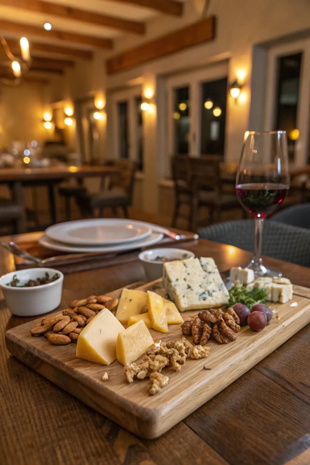 An earthy cheese board with natural touches.