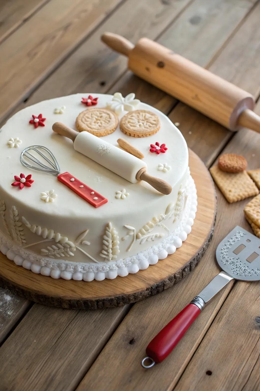 A cake decorated with delightful fondant miniatures of various kitchen utensils.