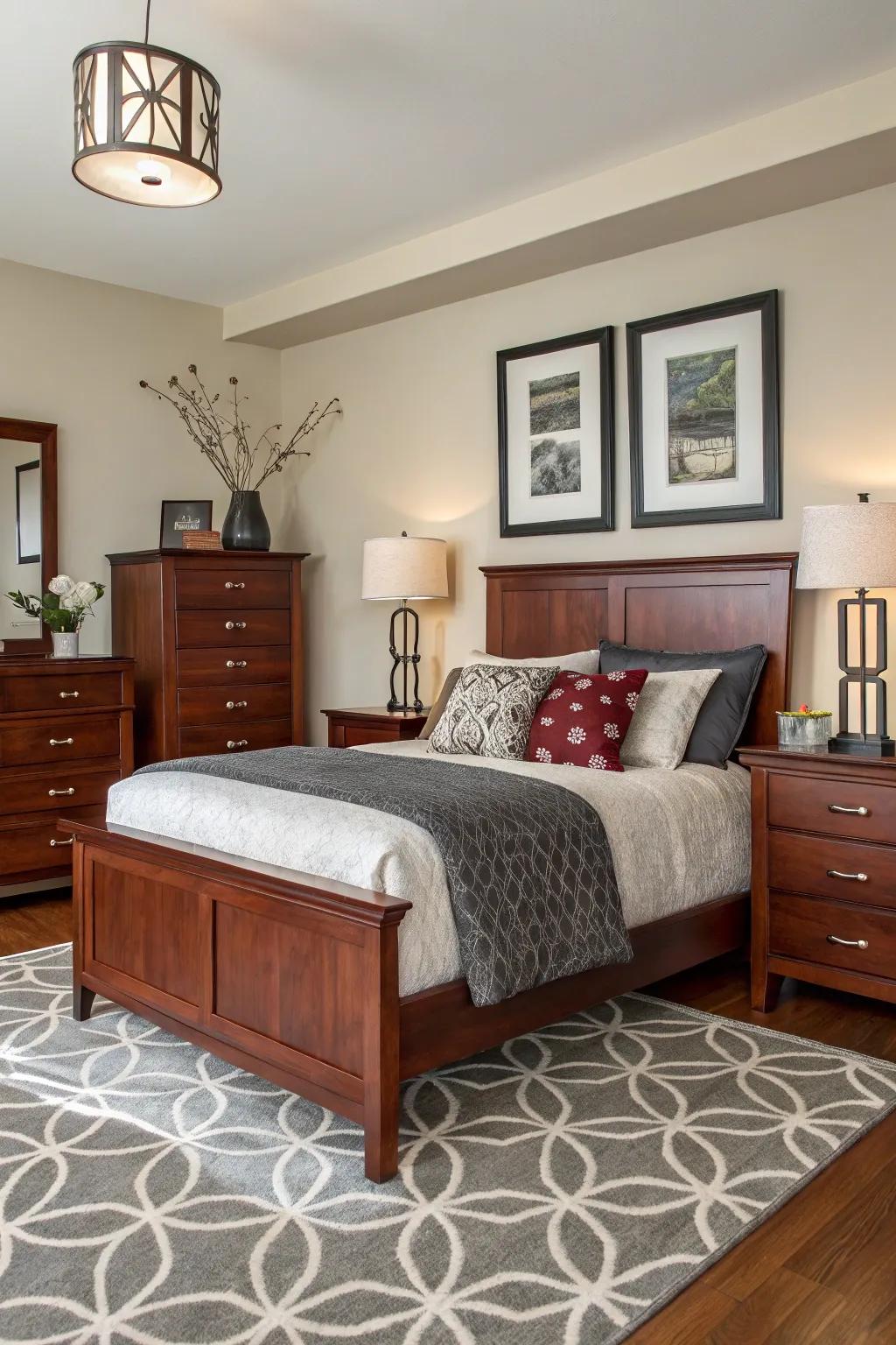 A smooth combination of traditional cherry wood and up-to-date decor features.