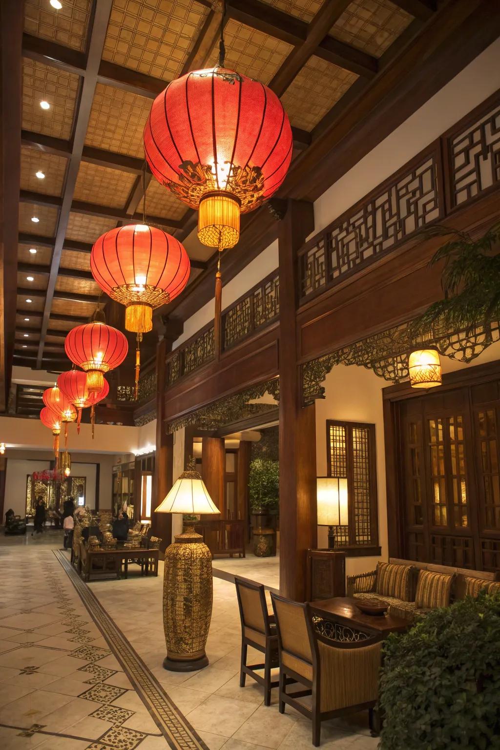 Traditional Asian hanging lights casting a warm glow in the lobby.