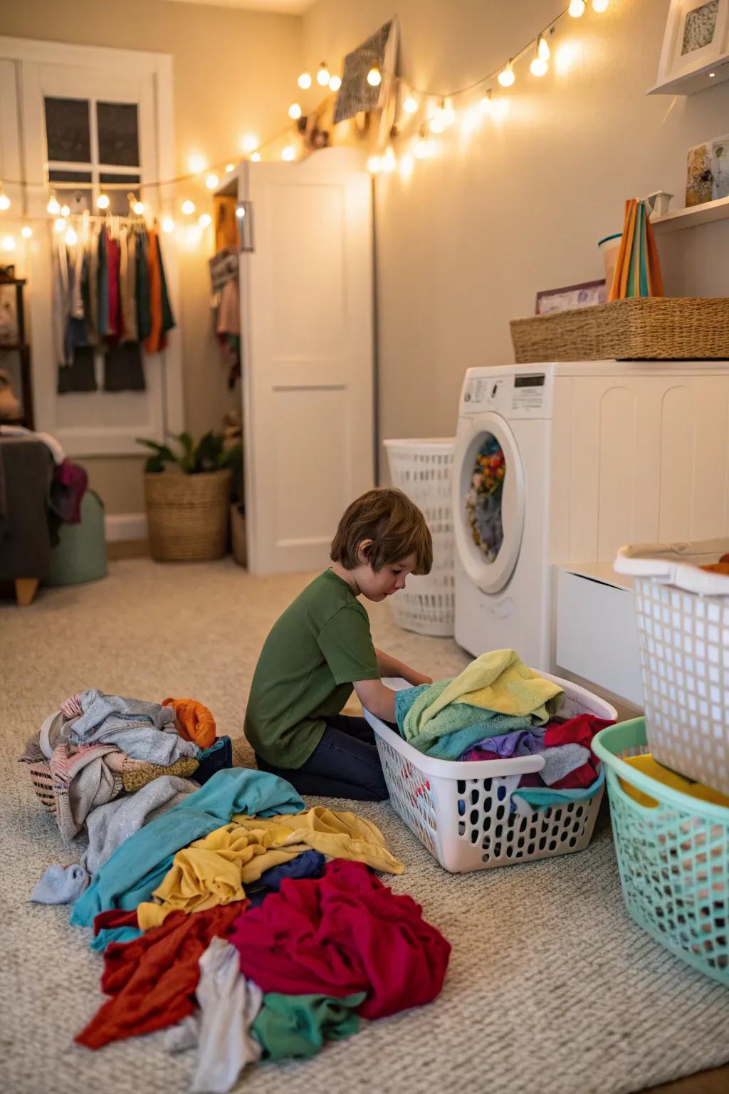 A young child sorts clothes into baskets, helping with laundry.