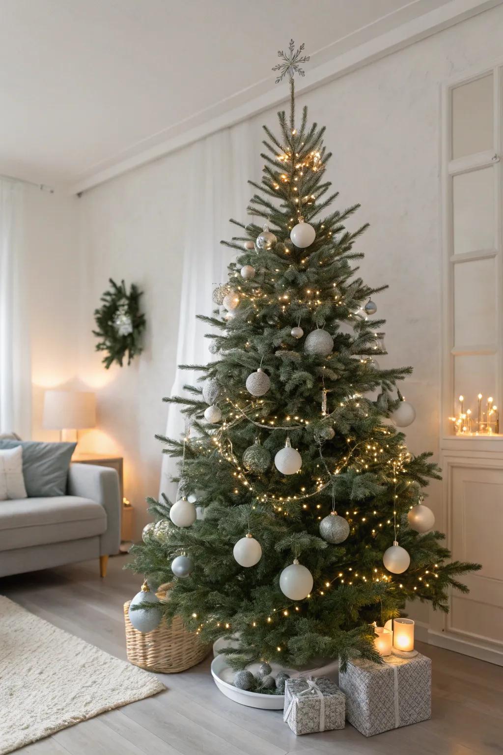 A monochrome silver ball tree for a chic and modern holiday look.