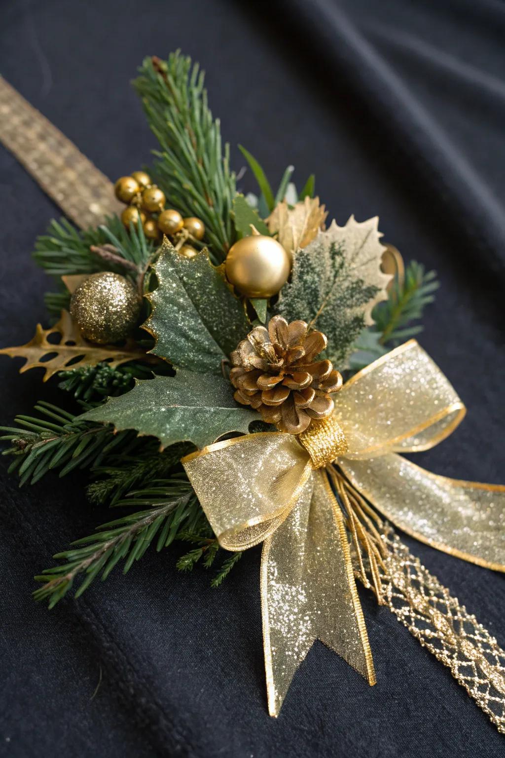 An elegant Christmas corsage with gilded textile highlights.