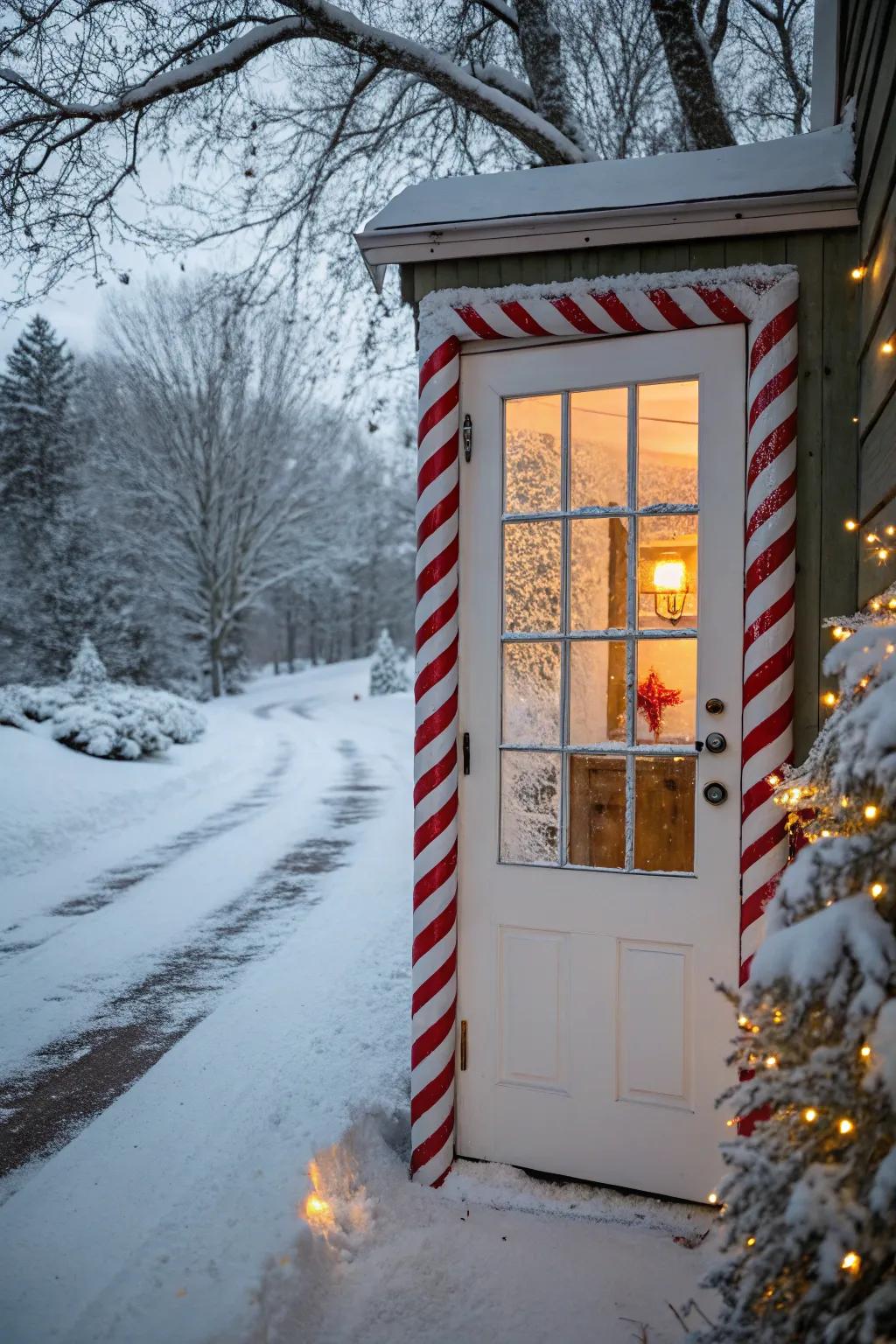 Striped candy lines add a fun detail to this festive door.