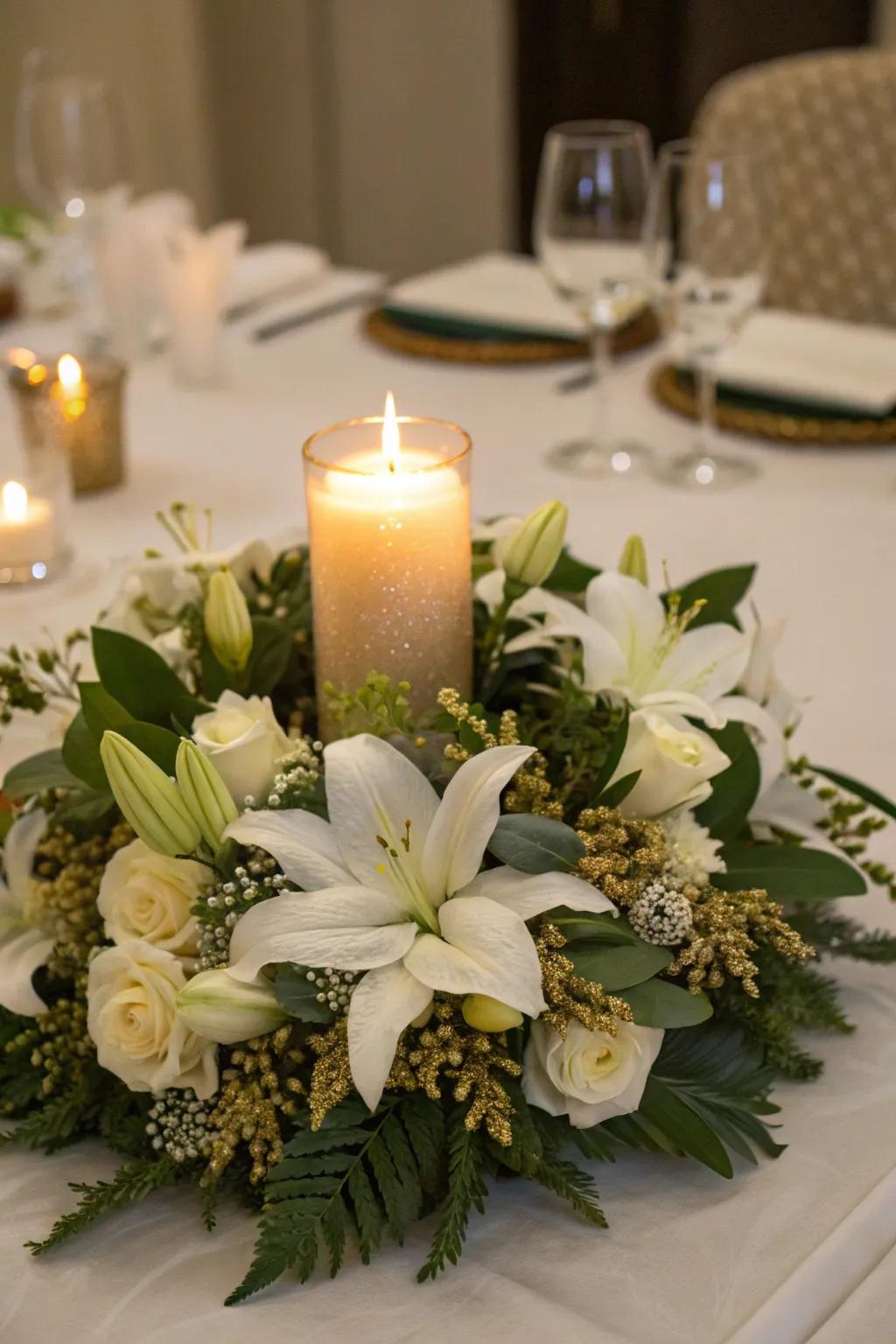 A wreath made of 'Snowdrop Lilies' and gold details, ideal for a Christmas table.
