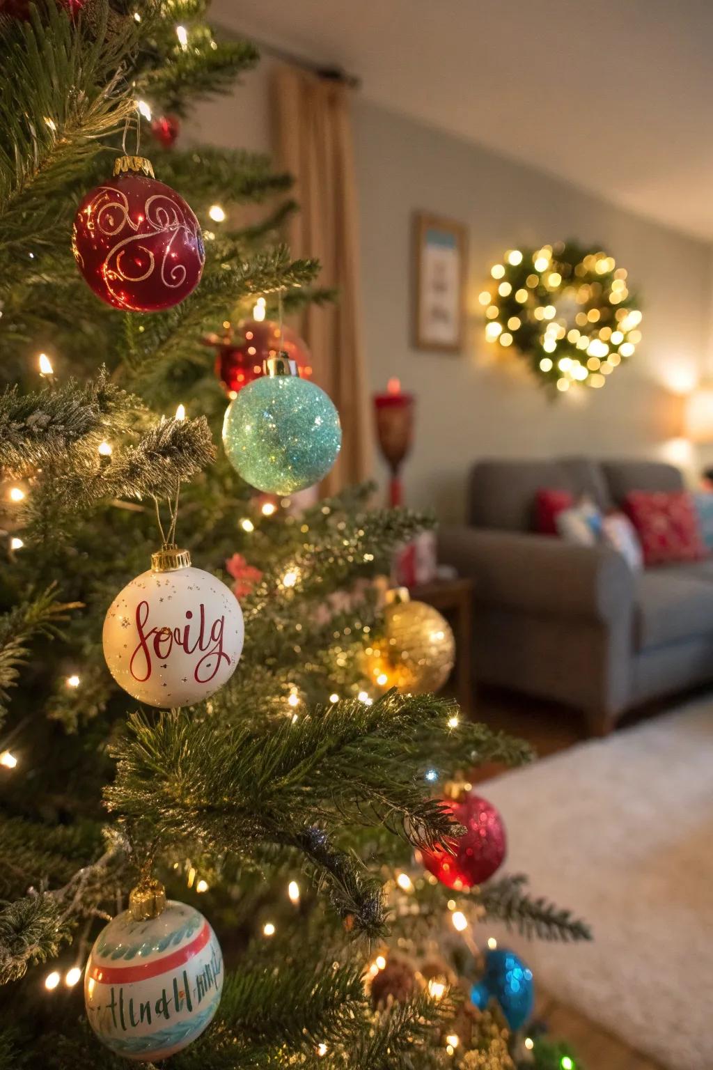 Christmas baubles featuring handwritten names suspended from a tree.